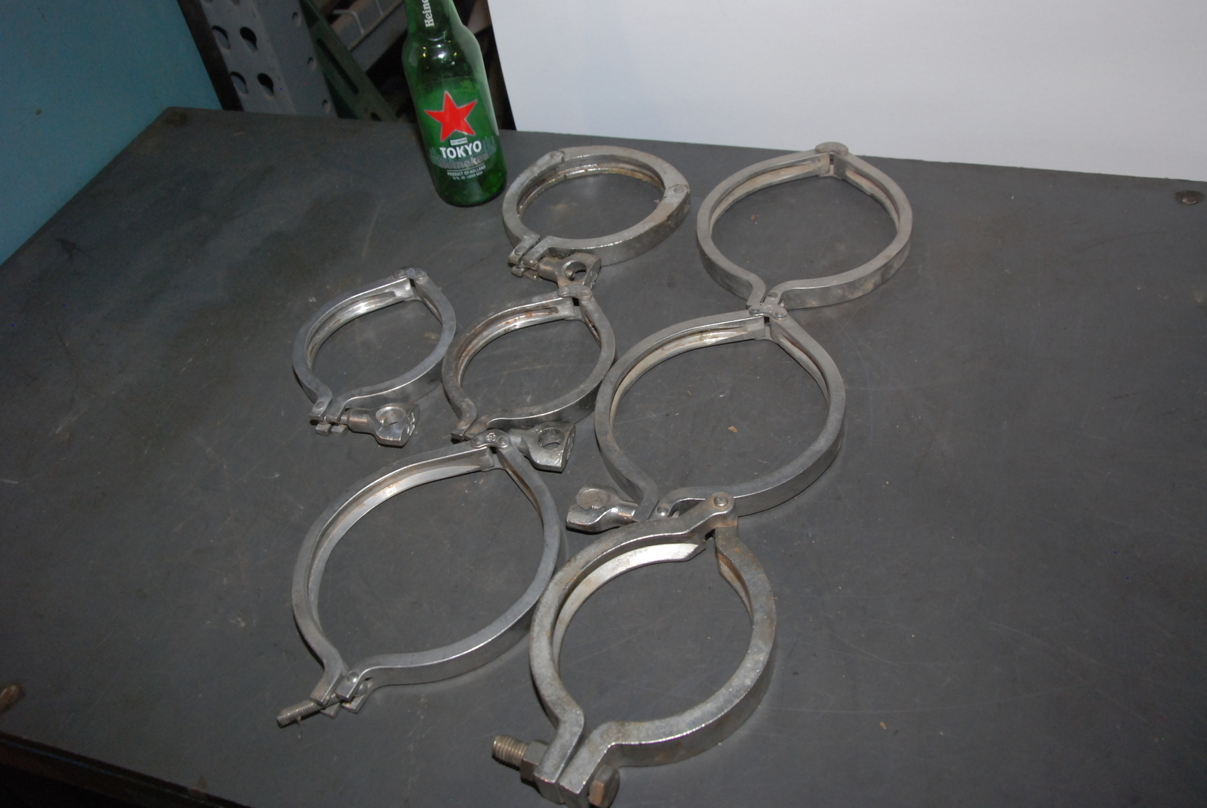 Lot of(7)4-7/16"Sanitary Stainless Steel pipe Clamps triclover etc