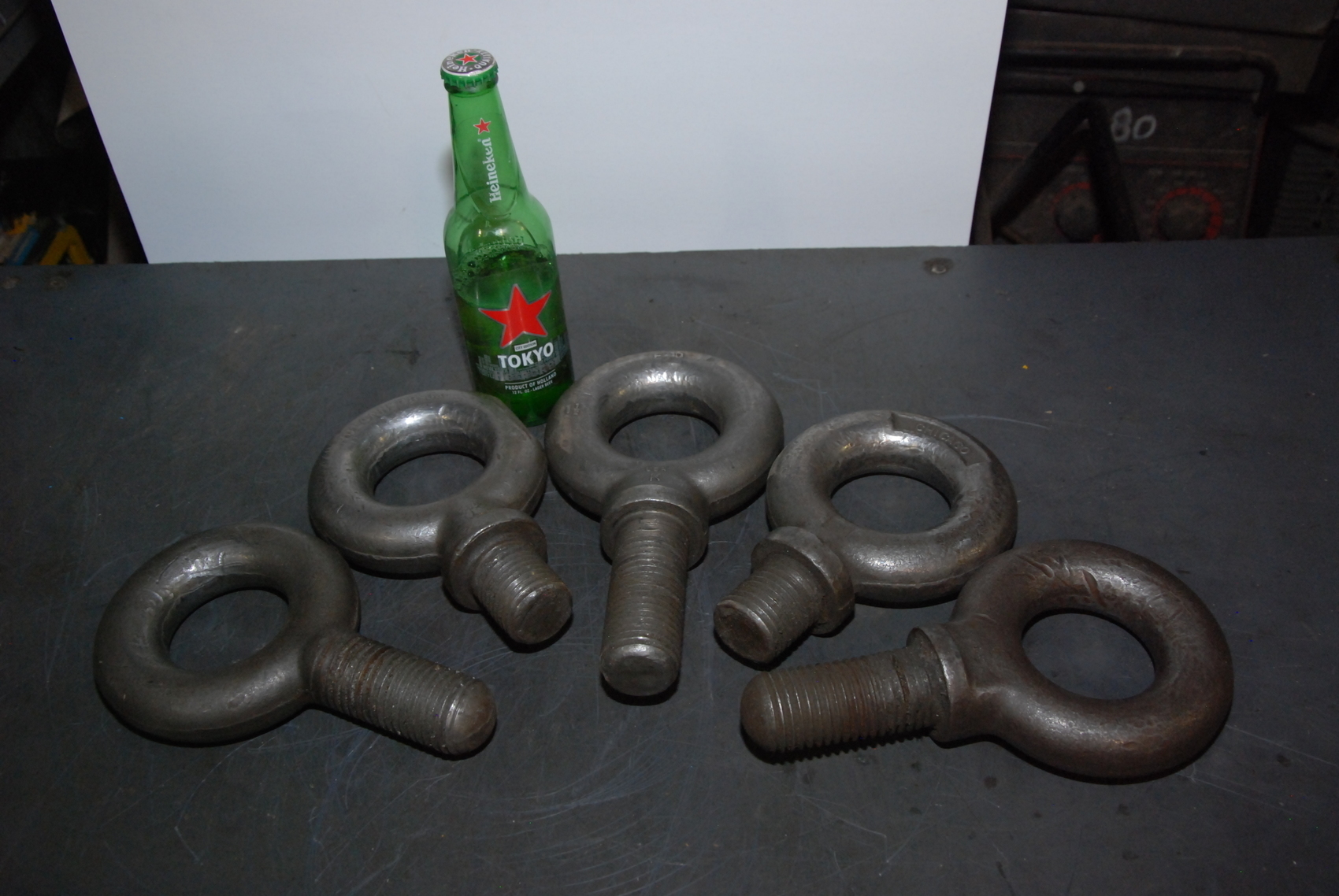 SET OF 5 HEAVY DUTY RIGGING EYE BOLTS;1-1/2"THICK stem