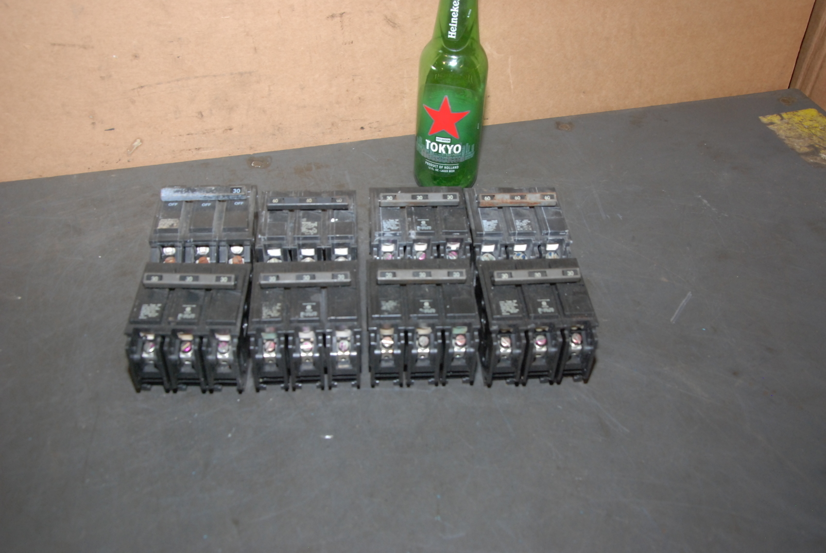 Lot of 8 Three Pole 240-Volt Circuit Breakers 60 and 30 Amp type QP