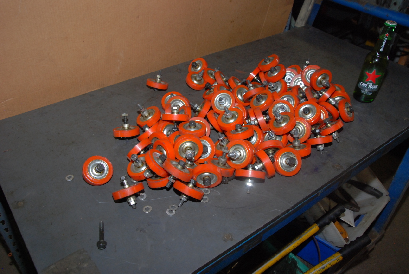 Lot of 90 PEER urethane rubber conveyor feed rollers;